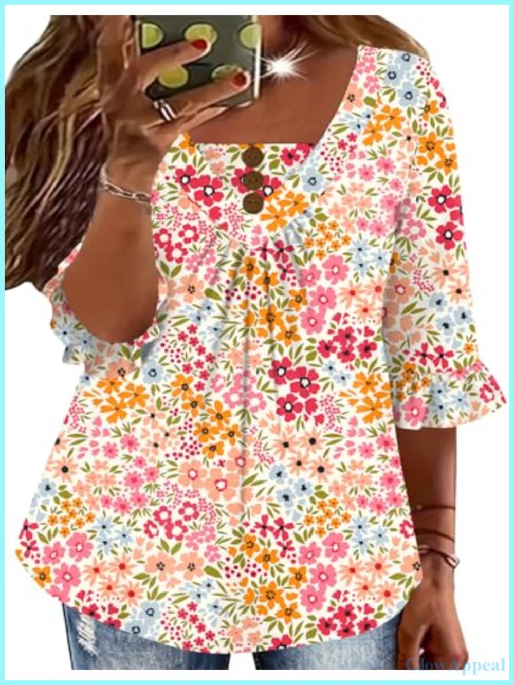 Plus Size 3/4 Ruffle Sleeve V Neck Tunic Top Floral Blouse Dressy Casual
